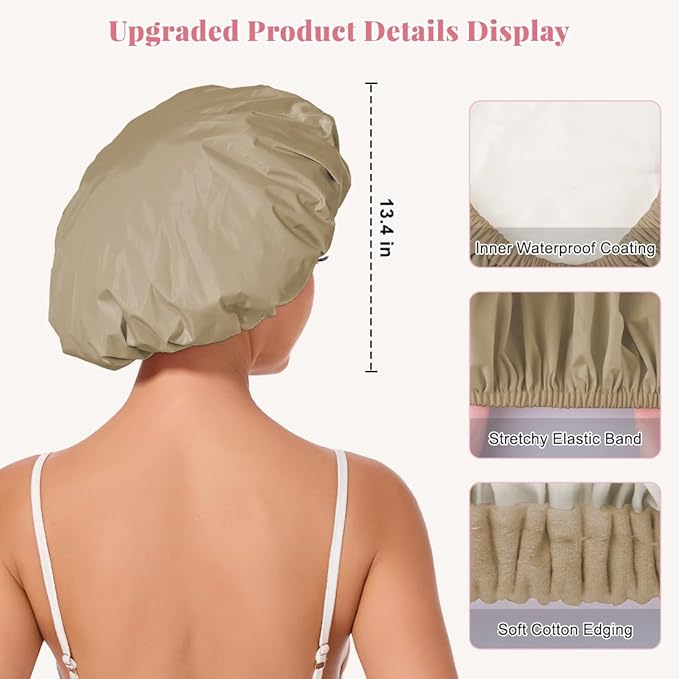 Shower Cap for Women Waterproof Reusable, Large Shower Cap Non-Slip with Elastic Band, Washable Bath Hair Hat for Long Hair, Braids (Brown)