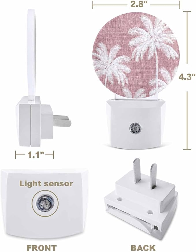 Night Lights Auto Sensor Tropical Palm Trees Night Light Pink Linen Coastal Round Lamp Plug-in LED Nightlights Dusk to Dawn for Living Room Bedroom Bathroom Hallway Wall Decor