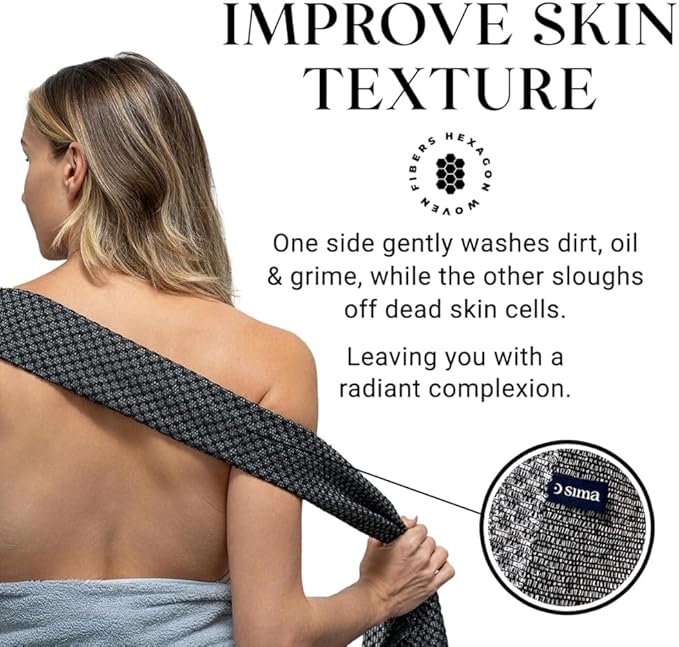 Sima Brand Exfoliating Washcloth Face & Body Scrub Towel - Japanese Exfoliating Towel with Hexagon Fibers, Body Scrubber with 2 Sides for Scrubbing & Washing, Extra Long Towels (Black, 2 Pack)