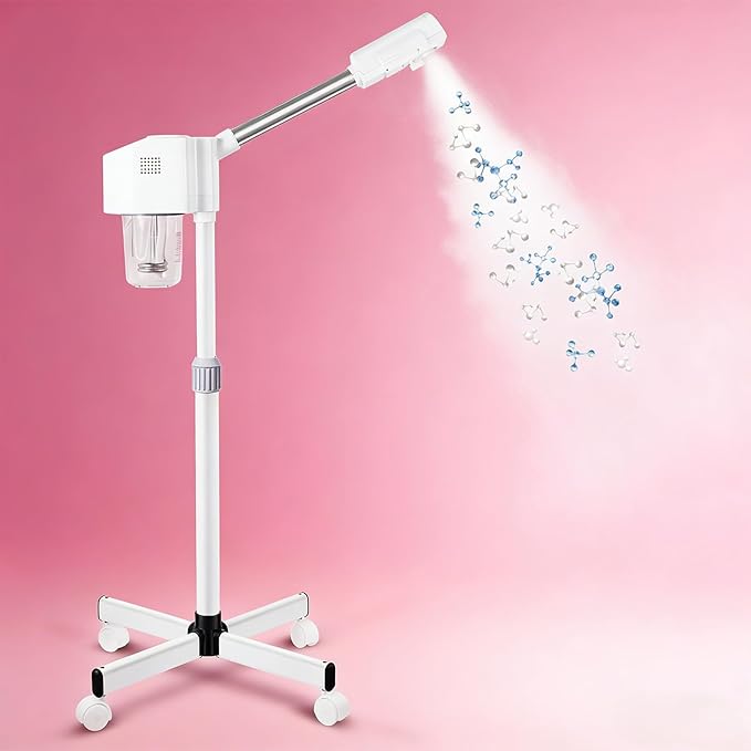 Professional Facial Steamer, Hot Mist Spray, Vaporizador Facial Steamer for Esthetician, Height Adjustable, SPA at Home, White