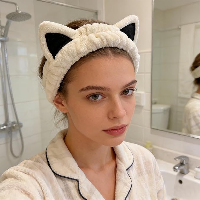2 Pcs Cat Ears Headband Cute Spa Headband Set Washing Face Makeup Skincare Animal Headbands for Women Trendy Stuff Present Soft Coral Fleece Accessories for Women (1Beige+1Khaki)