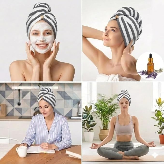 3 Pack Microfiber Hair Towel Wrap for Women, Fast Drying Hair Turban with Button, Anti-Frizz Large Hair Towel for All Hair Styles, Soft & Absorbent Hair Drying Towel