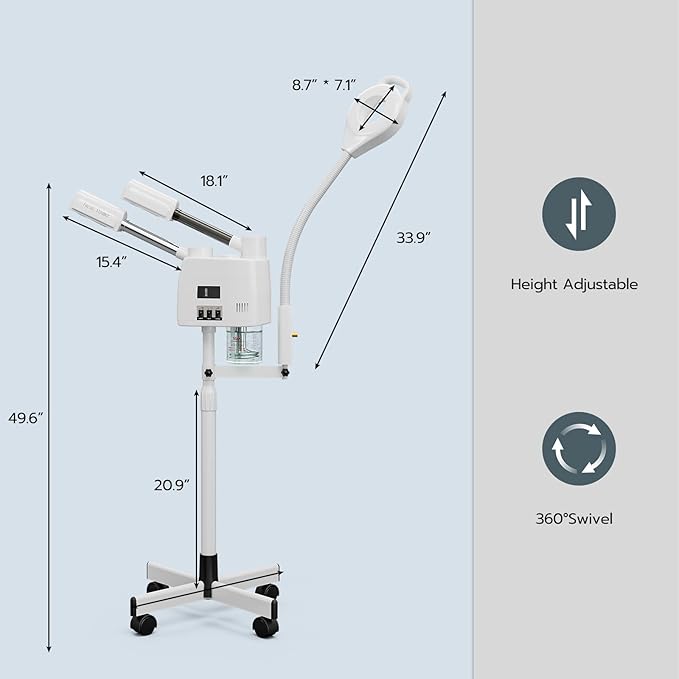 Paddie Professional 3 in 1 Facial Steamer on Wheels for Esthetician, Hot & Cold Mist, 5X LED Magnifying Lamp, White