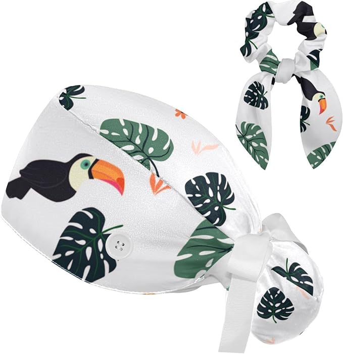Women Working Cap with Buttons Bouffant Hat Autumn Leaves Nurse Scrub Caps Long Hair