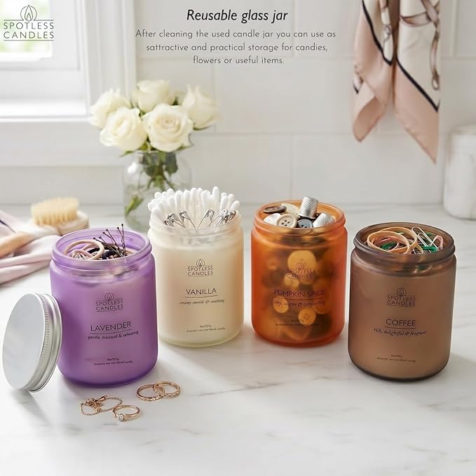 Candles for Women - 4 x 8oz Colored Glass Jars (3.7" H x 2.87" Dia) Mixed Set of Classic Scents Pumpkin Spice, Coffee, Vanilla, Lavender, 200 Hours Burn Time, Classic Candle Set by Spotless Leopard