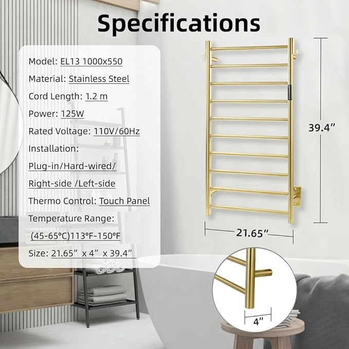 P&Dlusir Towel Warmer, Heated Towel Rack with Smart Timer and Thermo Control, Wall-Mounted Heated Towel Rail, Stainless Steel, Hard-Wired/Plug-in, Brushed Gold, 10 bar