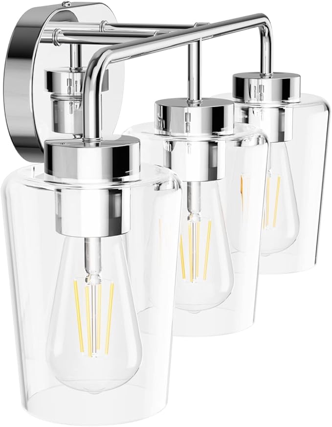 Tipace Modern Bathroom Vanity Lighting Fixtures 3-Lights Industrial Stainless Steel Chrome Finish with Clear Glass Vanity Lights Farmhouse Bath Lighting(Exclude Bulb)