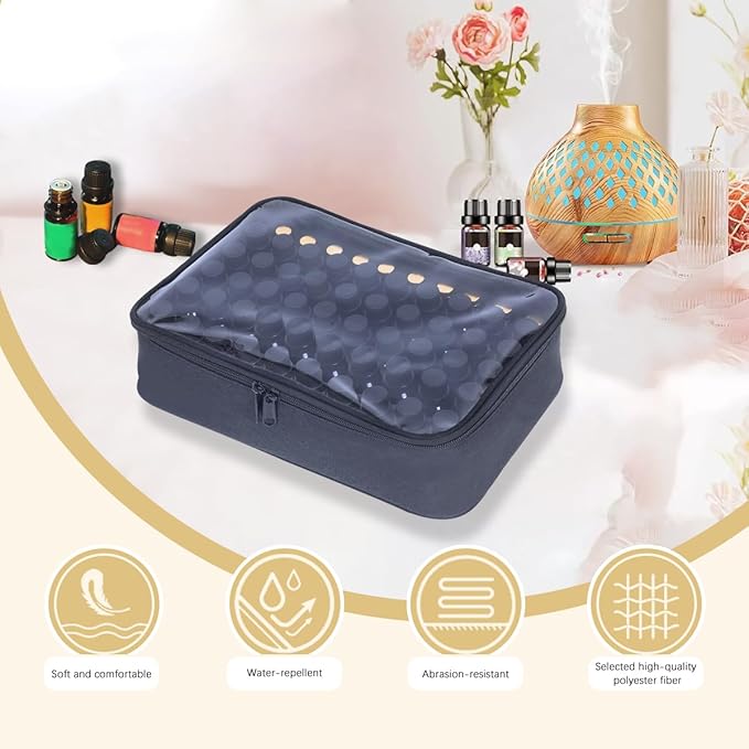 Essential Oils Carrying Case Holds 60 Grids for 1-3ML Roller Bottles 5ml, 10ml, 15ml Bottles Storage Organizer Bag Transparent, Essential Oil Bag with Detachable Sponge Pad Black