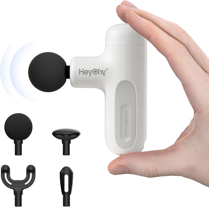 HEYCHY Super Mini Massage Gun Deep Tissue, Handheld Muscle Massager with 4 Heads, Percussion Travel Size Massager Gun for Men & Women Back Pain Relief, Quiet for Home, Gym, Office, White