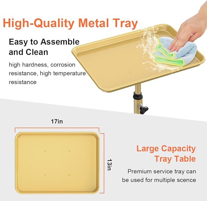 Salon Tray Cart Tattoo Tray Rolling Cart, Service Rolling Tray, Height Adjustable Styling Tray, Storage Tray Trolley for Beauty Salon Clinic Spa (Champagne Gold)