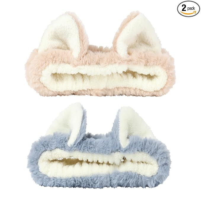 PERFECTSIGHT Kawaii Headband for Spa, Makeup, Washing Face, Party - 2 Pack Cute Hair Band for Shower Beauty Skincare, Soft Facial Headbands for Girls and Women (Blue+Coffee Ear)