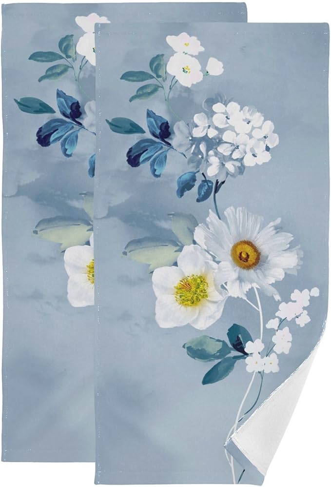Blue White Floral Botanical Hand Towels for Bathroom Set of 2,Vintage Watercolor Navy Flower Leaf Decorative Bathroom Towels for Bath,Face,Hair,Soft Absorbent Dish Towels for Kitchen 28"x14"