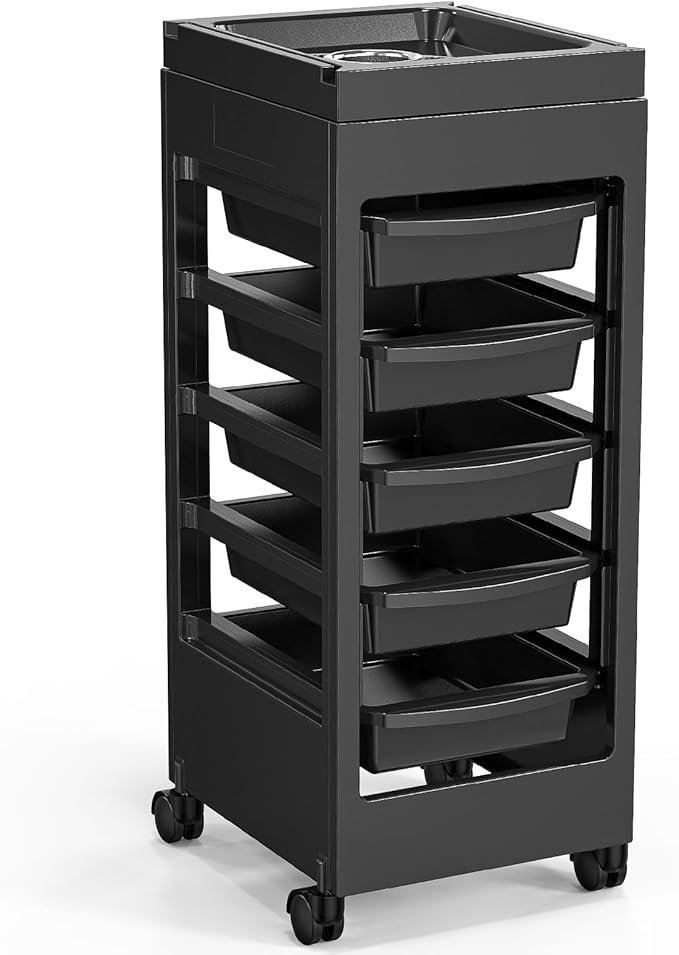 OmySalon Salon Cart for Hair Stylist Black with 5 Drawers & Hair Dryer Holder, Hair Cart Organizer Storage Cabinet for Hairdressing Beauty Spa Tools, Rolling Barber Cart