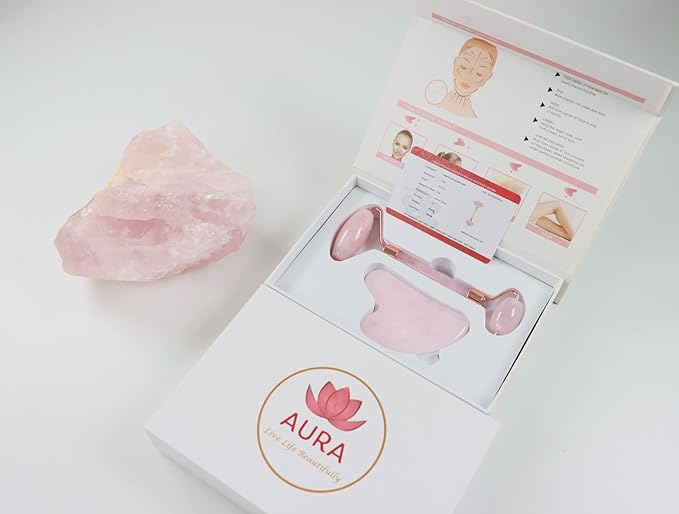 Premium Certified Luxury 100% Authentic Rose Quartz Pink Roller & Gua Sha Set for Anti-Aging Skin Care, Muscle Relaxation, Fine Line Reduction, and Eye Puffiness Relief