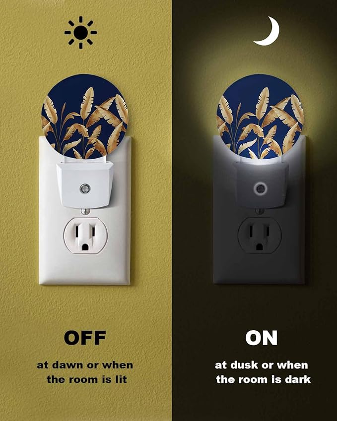 Night Lights Auto Sensor Golden Foliage Night Light Navy Blue Minimalist Leaf Round Lamp Plug-in LED Nightlights Dusk to Dawn for Living Room Bedroom Bathroom Hallway Wall Decor