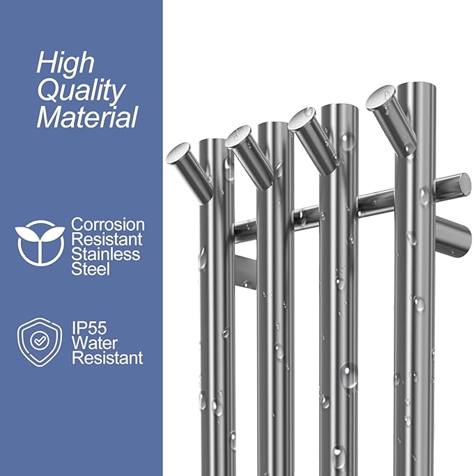 Electric Heated Towel Rack Warmer, Wall Mounted, Stainless Steel, 4 Bar Vertical Round Design, 5 Minute Rapid Heating, Timer Control, 10.1 x 37.4 Inches (Silver)