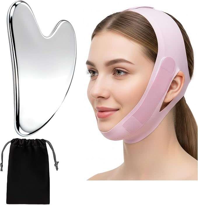 Stainless Steel Gua Sha Facial Tool & V Line Lifting Mask Set 2Pcs: Guasha Tool for Face Massage & Chin Strap for Sleeping, Skin Self Care Gifts for Women, Jawline Shaper, V Shaped Face Mask-Lilac