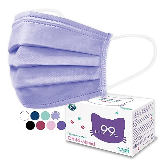 Medtecs Kids Face Mask Disposable - 2 Sizes Option (Child/Youth) 50 PCs - Comfy 3-Ply Breathable Children Masks, The Better Choice - Child | Purple