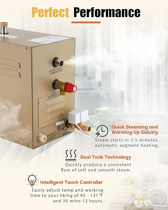 CGOLDENWALL 9KW Commercial Self-Draining Steam Generator Shower System Home Steam Bath Spa Generator 30 min to 12 Hours with Auto Drain 95-131℉ for Suitable Space Heating 9 m³/318 Cubic feet (9KW)