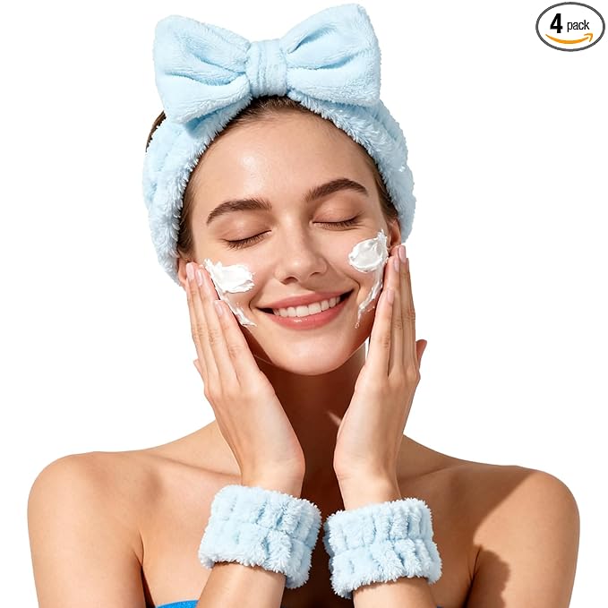 Fmeida Spa Headband and Wristband Set,Light Blue, 3 Pack,Spa Night Essentials