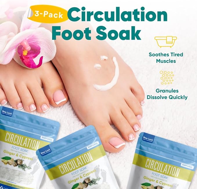 Circulation Foot Soak (3-Pack with Scoop) Foot Soaking Epsom Salts with Pure Essential Oils in BPA Free Pouch with Press-Lock Seal Made in USA, Three 2-Lbs Pouches 6-Lbs Total