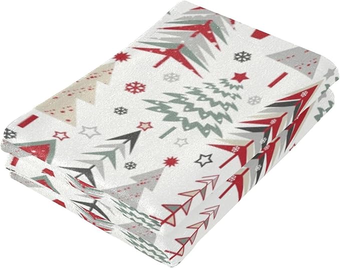Red Green Grey Christmas Xmas Tree Hand Towels for Bathroom Set of 2,Winter Snowflake Stars Decorative Bathroom Towels for Bath,Face,Hair,Soft Absorbent Dish Towels for Kitchen Decor 28"x14"