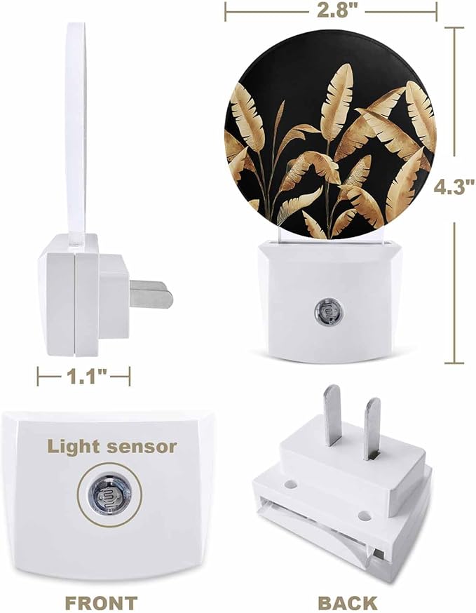Night Lights Auto Sensor Golden Foliage Night Light Black Minimalist Leaf Round Lamp Plug-in LED Nightlights Dusk to Dawn for Living Room Bedroom Bathroom Hallway Wall Decor
