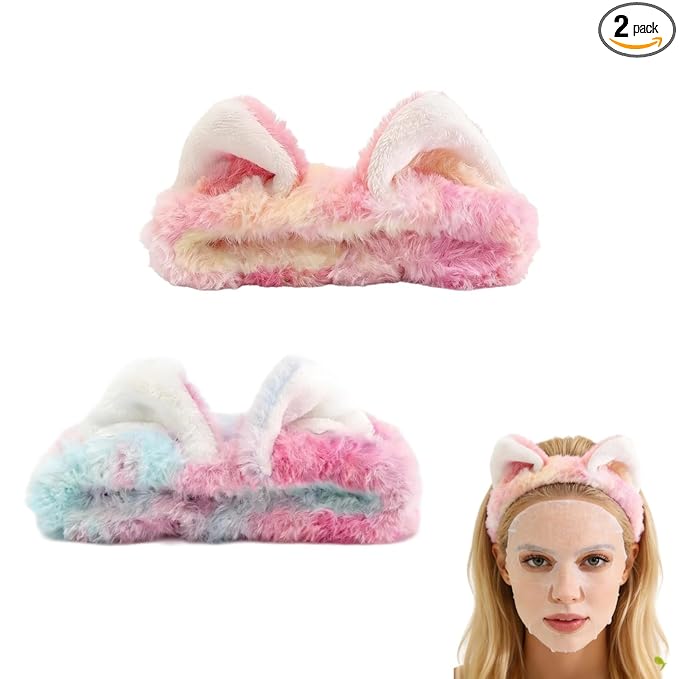 2 PCS Cute Cat Ear Spa Headband For Washing Face, Skincare Makeup Headbands For Women, Soft Coral Fleece Hair Accessories (Gradient Pink, Blue)