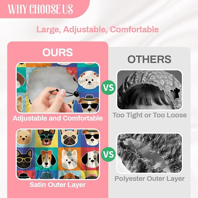 Funny Dog Reusable Shower Cap Cute Double Layer Waterproof Shower Caps Large Elastic Hair Cover Adjustable Hair - Drying Caps for Woman Man Bath SPA Travel One Size Fits Most