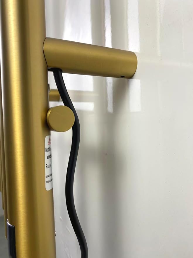 Electric Heated Towel Rack Warmer, Wall Mounted, Stainless Steel, 4 Bar Vertical Round Design, 5 Minute Rapid Heating, Timer Control, 10.1 x 37.4 Inches (Gold)