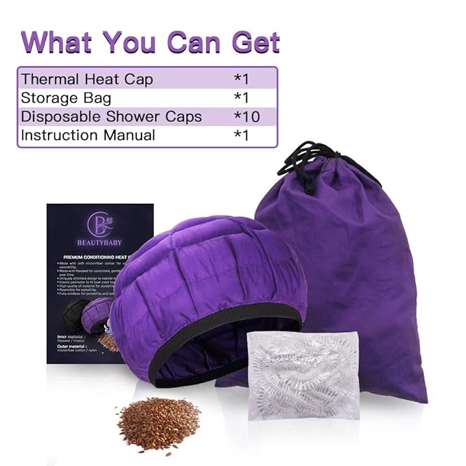 Beautybaby Cordless Deep Conditioning Heat Cap, Microwavable Treatment Steaming Heat Cap for Thermal Spa Curly Hair, 100% Natural Cotton Flaxseed Seed Interior