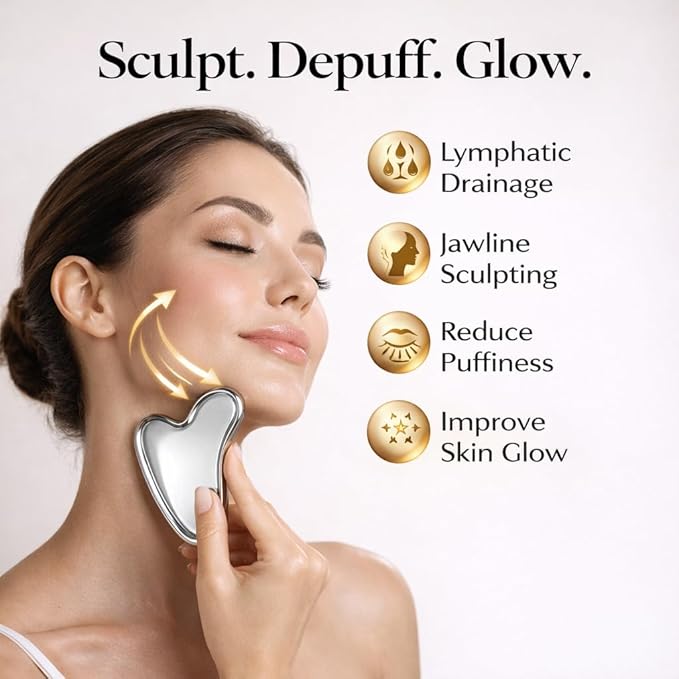 Organic Castor Oil Roll On & Stainless Steel Gua Sha Facial Tool – Metal Face Sculpting Tool, Cooling Gua Sha Oil Massage Set, Jawline Lift, Puffiness Care, Facial Oil Roller for Skin Routine