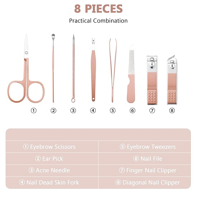 Hanaive 6 Set Manicure Set 48 Pcs Nail Clippers Pedicure Kit Gift for Mother's Day 8 in 1 Stainless Steel Grooming Kit Professional Nail Care Tools with Luxurious Travel Case for Men Women(Rose Gold)