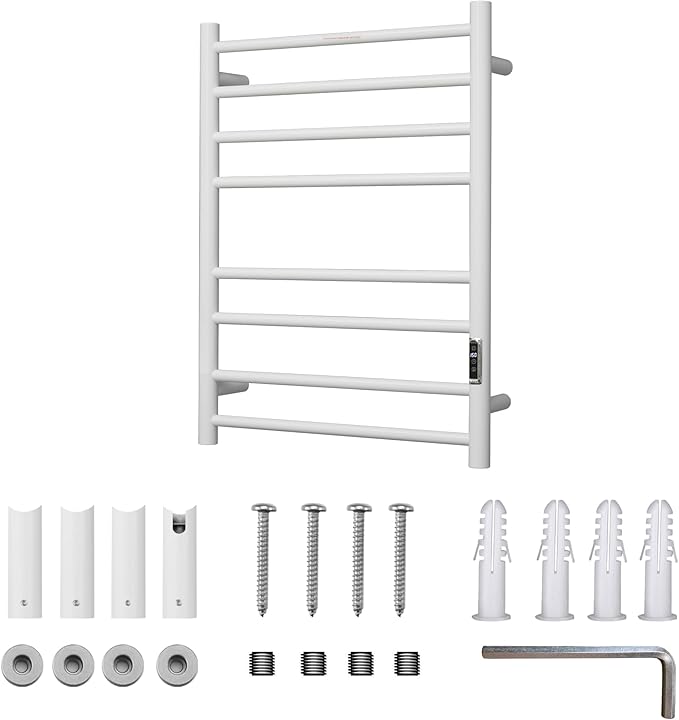 Heated Towel Racks for Bathroom, Wall Mounted Electric Towel Warmer Racks with Timer & Temperature Control, Stainless Steel Towel Heater for Bathroom (Round-White, 8 Bars)