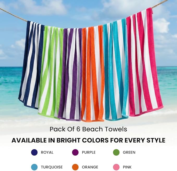 BolBom*S Beach Towels 6 Pack Large 30x60-100% Cotton Beach & Pool Towels Bulk Cabana Stripe - Quick Dry Bath Towel Set for Swim, Beach Essentials, Bathroom, Hot Tub, Yoga, Hotel & Airbnb Guests