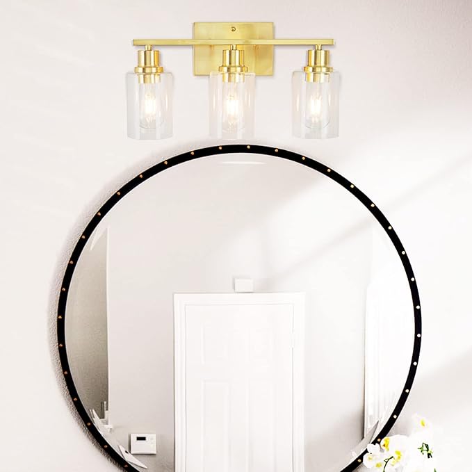 3-Lights Gold Bathroom Light Fixture, Brushed Brass Vanity Light with Clear Glass Shade, Modern Bath Wall Lights for Living Room, Hallway, Bedroom