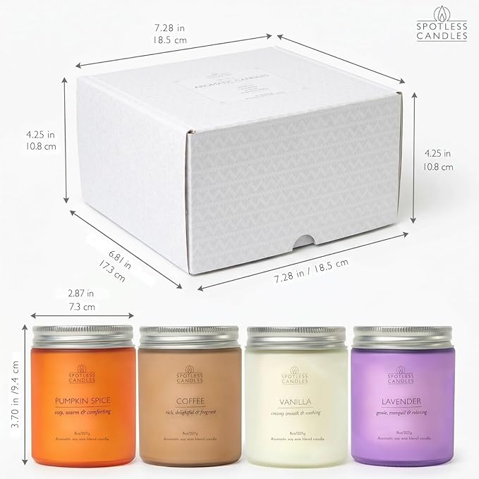 Candles for Women - 4 x 8oz Colored Glass Jars (3.7" H x 2.87" Dia) Mixed Set of Classic Scents Pumpkin Spice, Coffee, Vanilla, Lavender, 200 Hours Burn Time, Classic Candle Set by Spotless Leopard