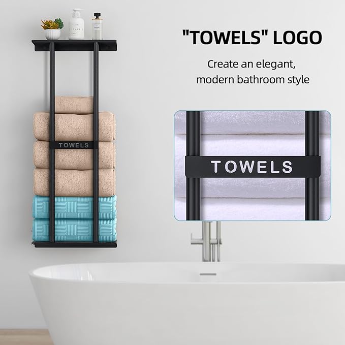 STWWO Towel Racks for Bathroom, Bathroom Towel Storage Wall Mounted 30 inch with Shelf Can Holds 6 Large Towels, Wall Towel Rack for Rolled Towels, Black (Pack of 2)