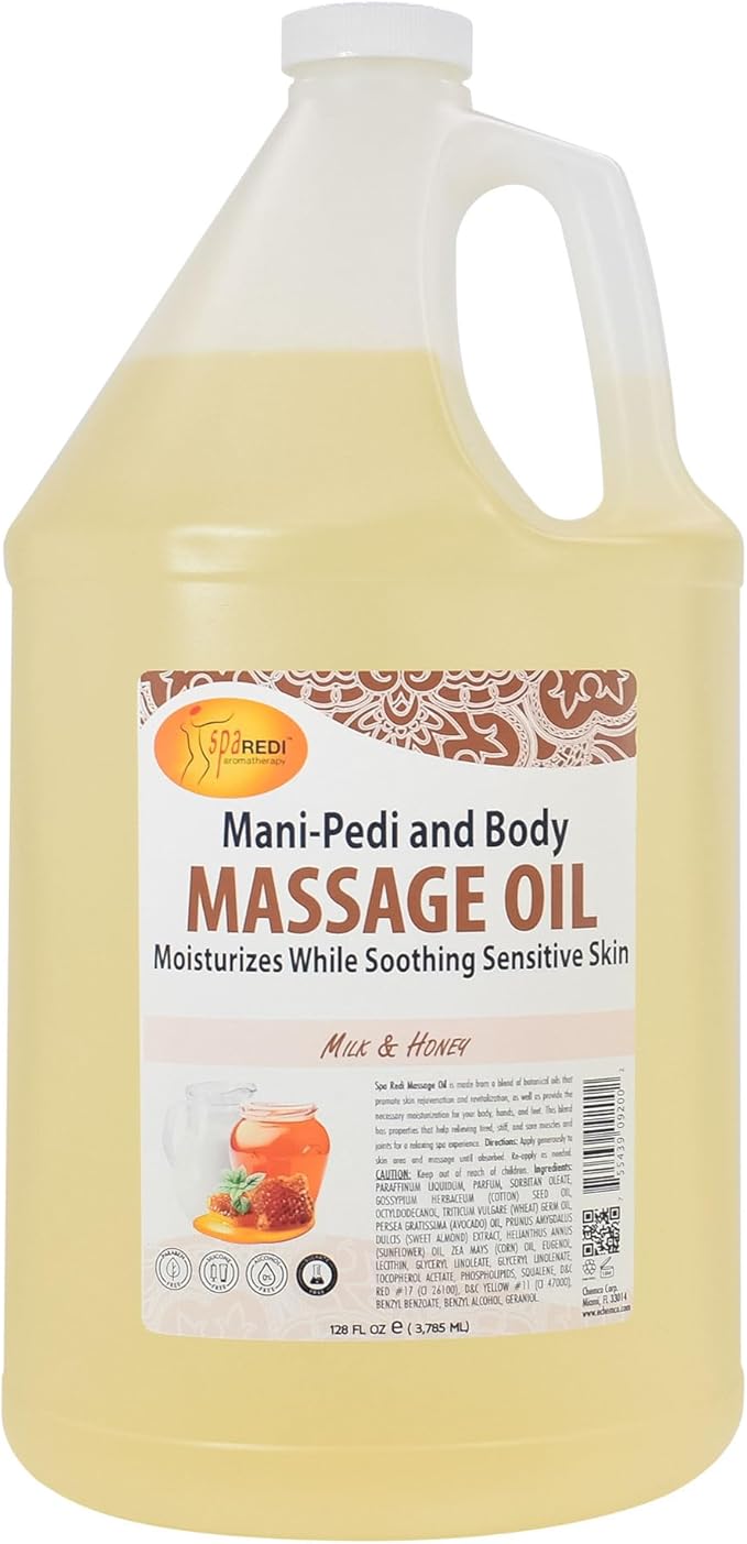 SPA REDI - Massage Oil, Milk and Honey, 128 Oz - Professional Pedicure, Manicure, Full Body Massage Therapy - Made With Almond, Cotton Seed, Sunflower, Avocado, Essential Oils, Vitamin E