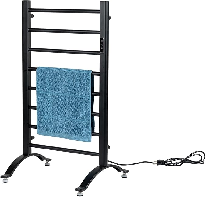 MyGift Hotel Series Matte Black Carbon Steel Towel Warmer Rack with 8 Heating Bars and LED Temperature Timer Control, Freestanding or Wall Mounted Electric Bath Towel Warming Holder