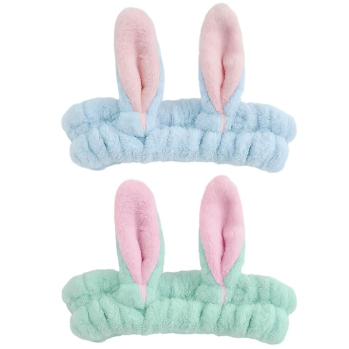 musejoy 2 Pcs Headband Bunny Ears Headband Cute Spa Headbands for Washing Face Skincare Makeup Headbands for Women Girls Trendy Stuff Present Soft Coral Fleece Hair Accessories(Blue+Green)