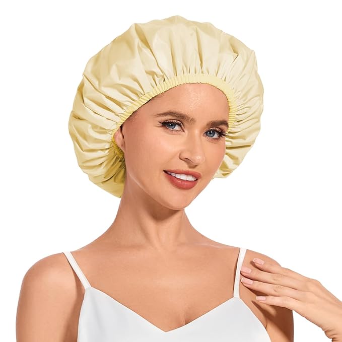 Shower Cap for Women Waterproof Reusable, Large Shower Cap Non-Slip with Elastic Band, Washable Bath Hair Hat for Long Hair, Braids (Light Yellow)