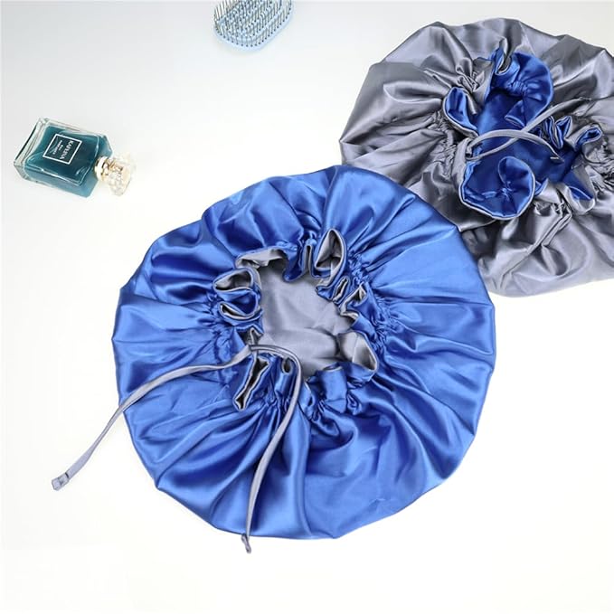 Adjustable Silk Satin Bonnet Hair Care Caps for Women Girls Loose-fitting Reversible Sleeping Cap Shower Caps Hair Wrap Bonnets (006 Royal/Silver)