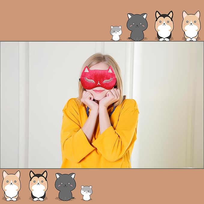 Cute Cat Sleep Mask for Kids (Red&Black), 2 Pack Silk Sleeping Eye Cover Adjustable Mask Night Eyeshade Cover for Girls Boys Women Men Sleep Travel Party