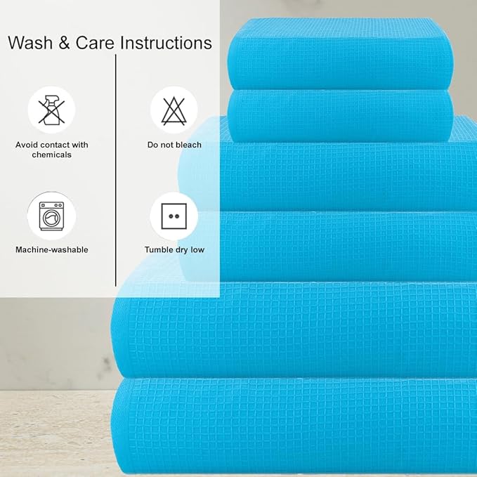 CASA COPENHAGEN Waffle 6Pcs 100% Egyptian Cotton Large Designer Towels Gift Set- Teal Blue, 2Bath 2Hand 2Washcloths, Bath Towels for Bathroom (Box Pack, Set for Women & Men)