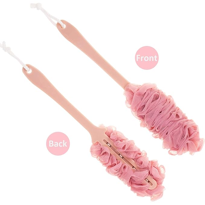 Back Scrubber for Shower, Loofah Long Handle Bath Body Brush, Soft Nylon Mesh Sponge On a Stick for Shower Men Women Kids Elderly, Exfoliating Scrub Cleaning Luffa for All Kinds of Skin(Pink)