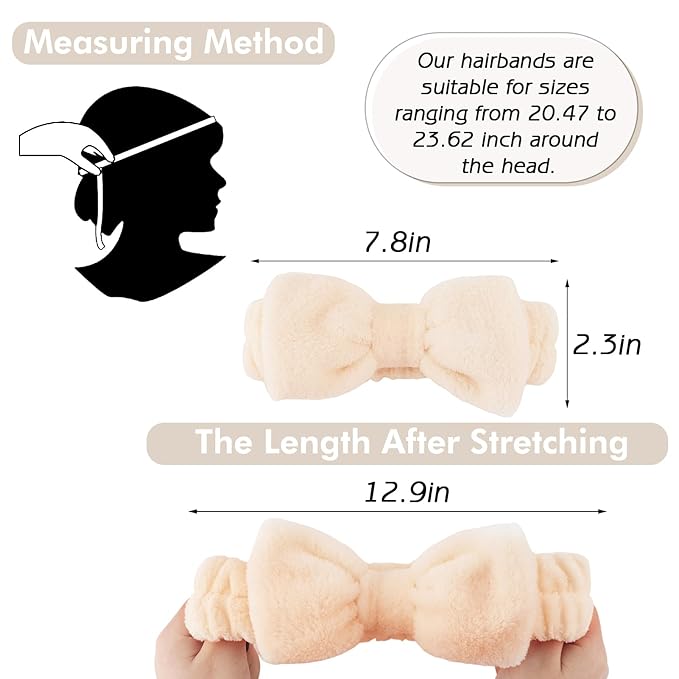 Zkptops 6Pcs Spa Headband for Washing Face Wristbands Set Women Bubble Makeup Sponge Terry Cloth Padded Puffy Skincare Headband Bow Tie Hairband Cute Non Slip Thick Hair Accessory Gifts (Beige)