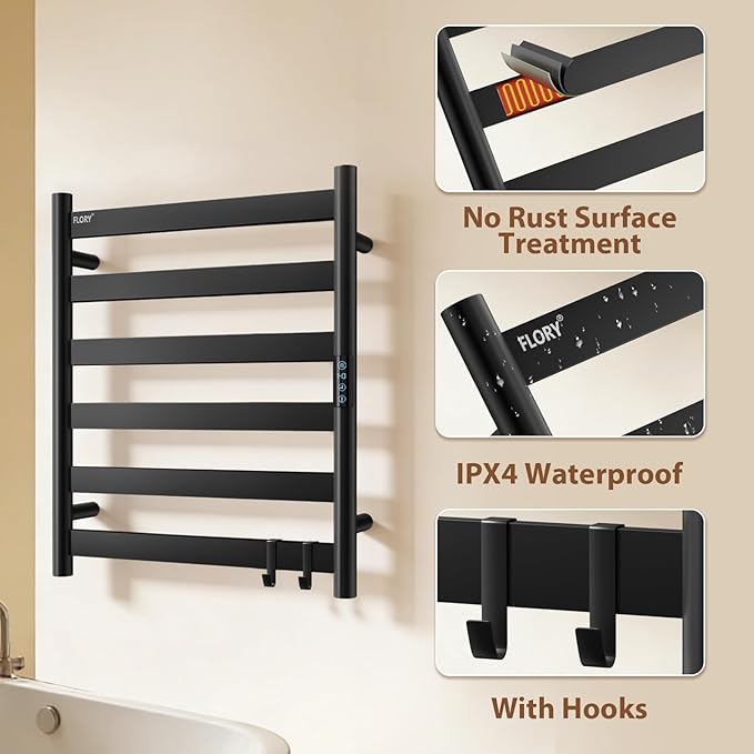 R FLORY Heated Towel Rack for Bathroom, 6 Bar Wall Mounted Towel Warmer Racl Flat with Timer & Temperature, Electric Towel Heater with LED Display Screen, Plug-in,Matte Black