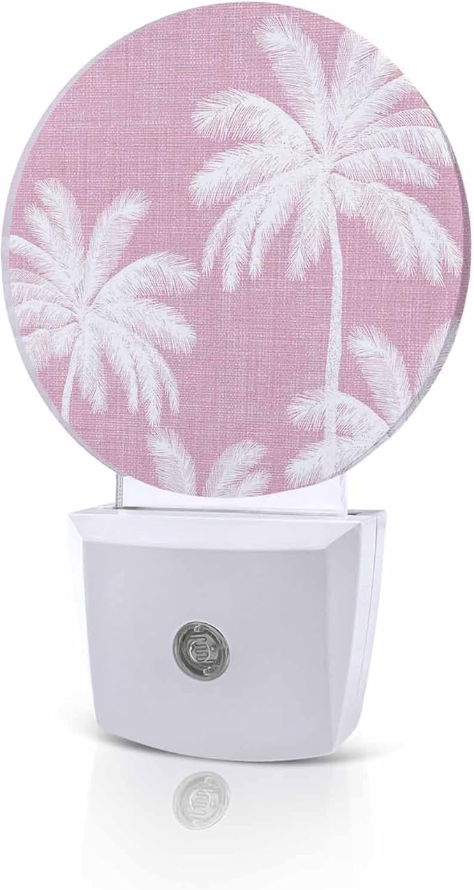 Night Lights Auto Sensor Tropical Palm Trees Night Light Peach Pink Linen Coastal Round Lamp Plug-in LED Nightlights Dusk to Dawn for Living Room Bedroom Bathroom Hallway Wall Decor