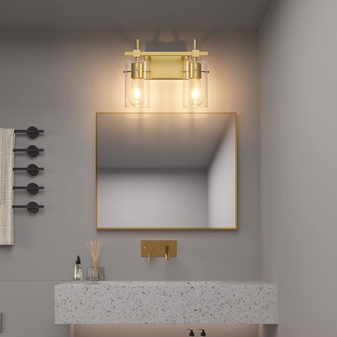 SOLFART Gold Bathroom Light Fixtures 2 Light Wall Light Fixtures Bathroom Vanity Light Over Mirror Vintage Light